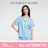 维多利亚的秘密 杨幂田曦薇同款 夏季宅度假天丝绵柔印花凉感睡衣套装女不易皱 93L6蓝LOGO-短袖短裤 S