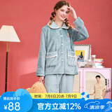 芬腾 珊瑚绒睡衣女冬季加厚法兰绒开衫加绒休闲秋冬款家居服套装 灰绿 M