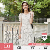 秋水伊人商场同款田园碎花连衣裙夏新款女装泡泡袖小个子甜美裙子 米色 S