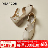 意尔康皮鞋女百搭平底女鞋妈妈坡跟软底一字带凉鞋 28070W 杏色 37