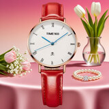 时光一百（TIME100）手表女轻薄简约头层油蜡牛皮女士手表圆盘日历防水学生女神节礼物 大红