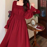 名芮珊订婚衣服女胖妹妹夏季大码法式方领红色连衣裙女新款胖mm收腰显瘦 红色（春秋款） 3XL 建议160-180斤