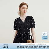 范思蓝恩23FS12642茶歇法式碎花连衣裙女夏季新款V领沙滩长裙 黑底白花 M