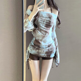 麓格立 比基尼女泳衣新款海边泡温泉泳衣性感复古长袖罩衫分体度假泳装 棕色比基尼【建议80-120斤】