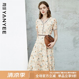 颜域蕾丝碎花连衣裙2024夏装新款女士气质短袖V领洋气印花裙子 花色1 M/38