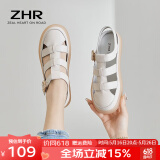 ZHR凉鞋女夏季新品平底编织包头复古罗马鞋真牛皮果冻底运动沙滩拖鞋 米色（搭扣款） 36