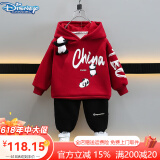 迪士尼（Disney）男童加绒套装新款宝宝衣服秋冬儿童卫衣韩版中小童保暖连帽两件套 酒红色熊猫挂件套装（春秋） 120 码 建议4-5岁 体重35-40斤