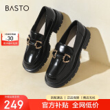 百思图乐福鞋女商场同款羊皮厚底松糕鞋女士休闲皮鞋TFW29CA2 黑色 36