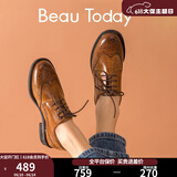 BEAUTODAY平底乐福鞋女鞋子2025新款布洛克单鞋英伦风牛津鞋复古小皮鞋子女 焦糖棕 35