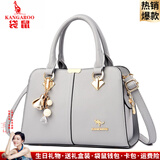 袋鼠品牌女士包包轻奢2025新款时尚斜挎包母亲节送中年妈妈真皮手提包 浅灰色（礼盒装+手包卡包吊坠）