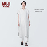 无印良品 MUJI 女式 麻 水洗 开领半袖连衣裙 女装汉麻裙子夏季 BC2JLA4S 米白色条纹 L 165/88A