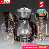 玻璃自动茶具套装家用懒人全自动磁吸泡茶器现代简约创意日式功夫茶具 贴花邀月自动+6金把杯+茶道合金+茶洗+杯架
