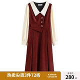 独束大码女装假两件撞色衬衫领连衣裙女秋冬微胖mm文艺复古穿搭裙子 勃艮第红【适合160左右】 XL