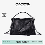 GROTTO个乐翻领包真皮大容量通勤小众机车风手提单肩斜挎包礼物 经典黑(牛皮)  L