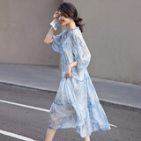 德玛纳【唯美水墨风印花仙女裙】夏度假风V领绑带灯笼袖雪纺连衣裙女