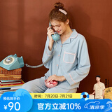 芬腾 睡衣女纯棉学生季简约纯色长袖长裤翻领全棉开衫家居服套装 浅兰 2XL