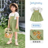 JELLYBABY【假两件裙子】2025年夏季新款儿童女童娃娃领可爱裙子连衣裙 绿色 110