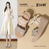 ZHR坡跟凉鞋女外穿夏季小个子增高休闲鞋子女轻量璀璨钻面女鞋 米色 38