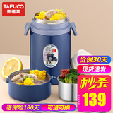 泰福高（TAFUCO）泰迪珍藏卡通学生焖烧杯便携316不锈钢长效保温密封防漏汤桶带包 T2285两层深海蓝+包+餐具 0.9L