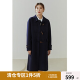独束大码女装学院风牛角扣双面呢大衣女冬季新款微胖mm中长款外套 藏青色 L （尺码：2）