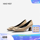 NINE WEST/玖熙牛漆皮革女单鞋优雅方头浅口粗跟通勤鞋NH434045FK杏色 38