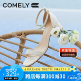 康莉（COMELY）一字带凉鞋女粗跟25年夏季羊皮中跟时尚百搭通勤时装凉鞋 米白 37