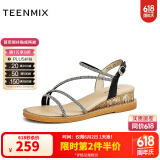 天美意凉鞋女商场同款闪钻细带坡跟简约女鞋CTI16BL3 黑色 39