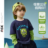 ASK JUNIOR【假两件】儿童长袖T恤26秋中大童怪兽图案小童打底衫男童上衣