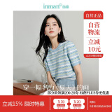 茵曼百搭轻薄通勤风女装条纹针织短袖t恤夏季显瘦套头上衣 蓝色 S