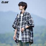 CLOR格子短袖衬衫男士春夏季ins宽松休闲衬衣复古外套CLCX10黑色XL