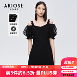 艾诺丝雅诗【商场同款】夏新珍珠网纱泡泡袖短袖小清新小黑裙连衣裙10429006 黑色 L