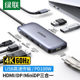 绿联Type-C扩展坞USB-C转HDMI/VGA/DP转换器雷电4拓展坞雷电3分线器HUB适用MacBook笔记本电脑 6合1【HDMI+DP+Mini DP】80865