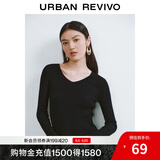 UR秋季新款女装简约基础百搭休闲修身V领针织衫UWB940008 正黑 S