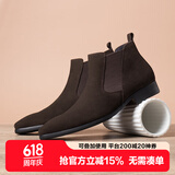 村哥牛皮切尔西男靴高帮皮鞋马丁靴男秋冬季加绒英伦反绒皮短靴 棕色 41
