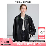 VEGA CHANG黑色皮衣女2025春秋宽松显瘦机车风pu皮短外套 松绿黑 M