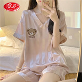 浪莎新款睡衣女夏季薄款短袖甜美夏天家居服套装520情人节礼物 双短[套装]烟熏玫瑰 XL [建议115-130斤]