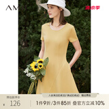 AMII法式复古a字连衣裙女年夏季新款赫本风显瘦圆领修身裙子 杏黄 （建议拍大一码） M 160/84A