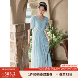 茵曼（INMAN）法式薄荷曼波连衣裙2024夏女装新品V领灯笼袖抽绳 绀蓝色 S