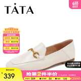 他她（TATA）方头乐福鞋女休闲平底一脚蹬小皮鞋女单鞋春秋款FLC22AM4 米色 36