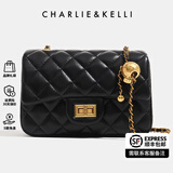 CHARLIE&KELLI CK品牌包包女包2025新款520情人节礼物链条菱格包小香风单肩斜挎 黑色鎏金无logo（红色内里）