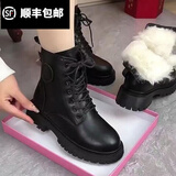 百丽踏软皮羊毛雪地靴女马丁靴加绒加厚保暖棉鞋子防水防滑显瘦韩版短靴 黑色【加绒】 38