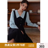 独束大码女装假两件撞色衬衫领连衣裙女秋冬微胖mm文艺复古穿搭裙子 墨染黑【适合165左右】 2XL