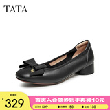 他她（TATA）粗跟单鞋女圆头真皮浅口百搭小皮鞋秋季新款XYT10CQ3 黑色 35