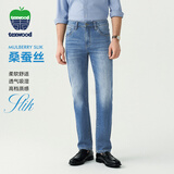 texwood苹果男士牛仔裤休闲商务通勤桑蚕丝直筒裤复古水洗长裤 中蓝 33