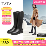 他她（TATA）黑色V口长筒靴女英伦加绒抗寒高筒靴骑士靴冬季G5JA1DG2 黑色（绒里） 35