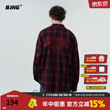 BJHG不计后果春季刺绣撞色复古格子衬衫男潮牌新款港风宽松衬衣外套女 红蓝格纹 L