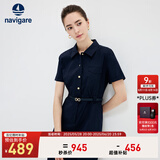 Navigare意大利小帆船短袖衬衫裙女士夏季时尚百搭小个子连衣裙简约中裙女 海军蓝 L 码