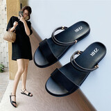 ZHR凉鞋女学生真牛皮平底凉拖女百搭罗马一字带沙滩女鞋外穿 M271 黑色 36