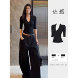 佐叙法式设计感小众t恤女2025夏季别致纯欲风辣妹V领修身短款中袖上衣 黑色 XL （115-125斤）