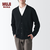 无印良品 MUJI 男式 美利奴羊毛可水洗V领开衫长袖针织衫男士毛衣冬季男款 黑色 S (165/84A)